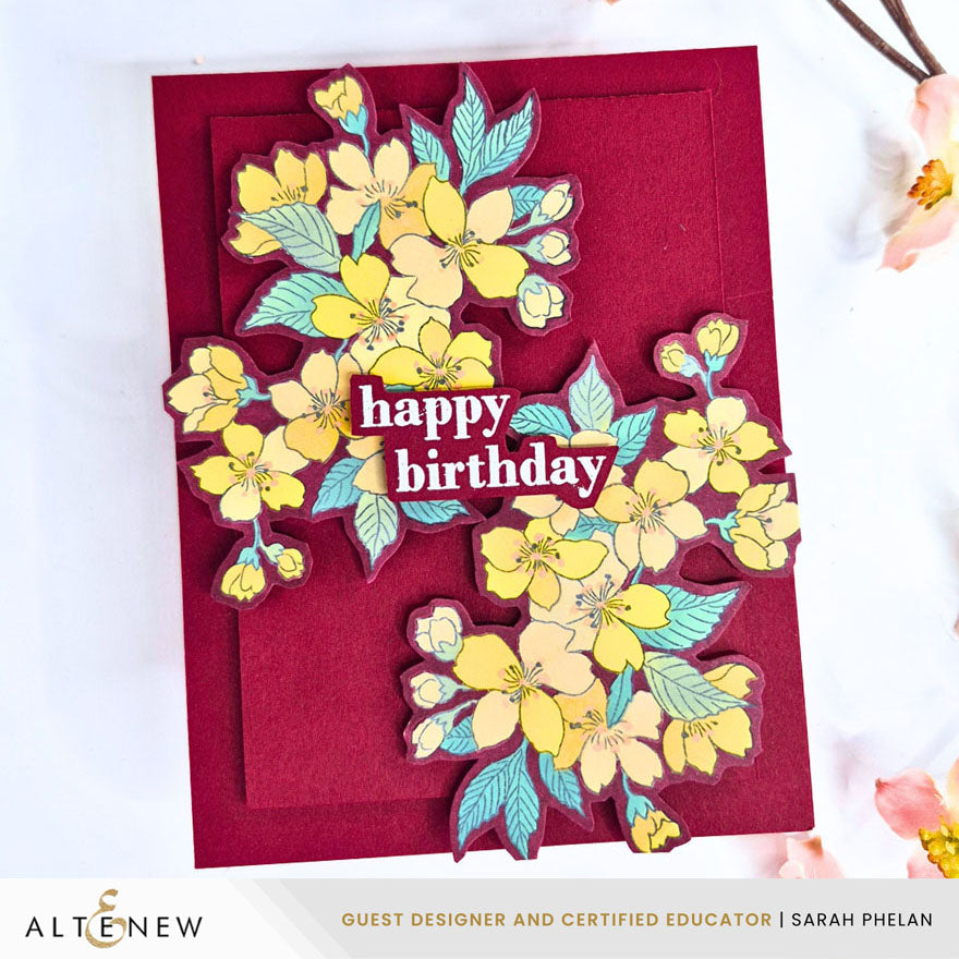 Altenew Sakura Blossoms Clear Stamp Embossing Folder and Stencil Set happy birthday