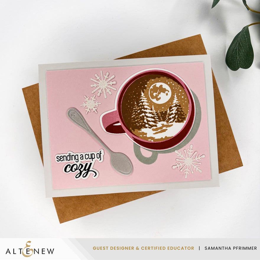 Altenew Scenes in a Sip Clear Stamp and Die Set cozy snowflakes card