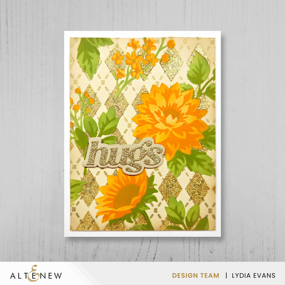 Altenew Stencil Art Botanical Argyle Add-on Dies alt11569 gold glitter hugs card