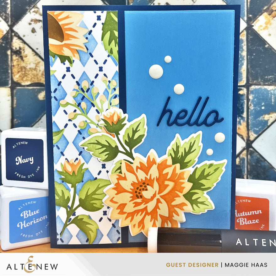 Altenew Stencil Art Botanical Argyle Layering Stencils alt11568 blue hello card
