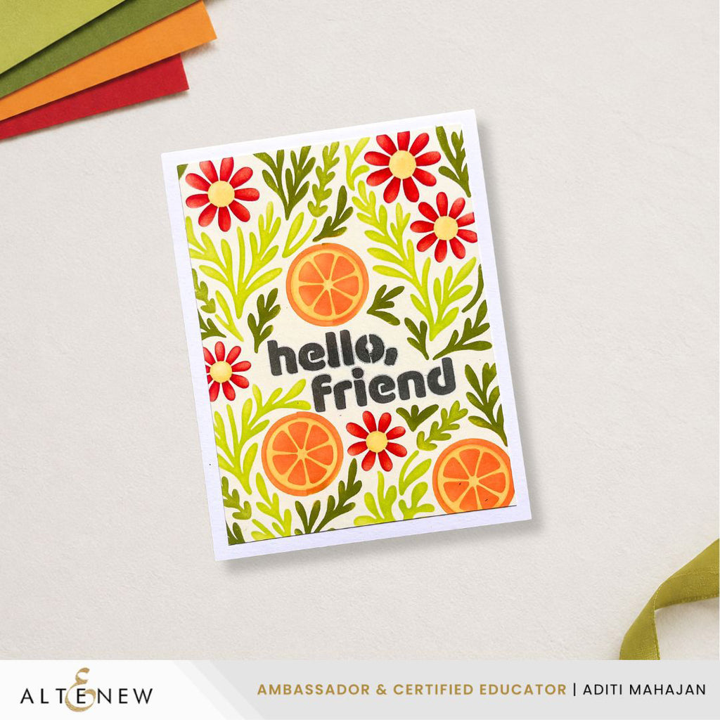 Altenew Tea Potpourri Stencils alt11010 hello friend green leaves card