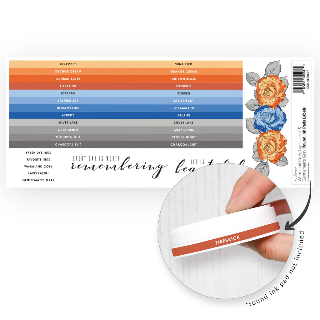 Altenew Warm and Cozy, Lapis Lazuli, Gentleman's Gray Round Ink Pads Label Set alt8697 product image