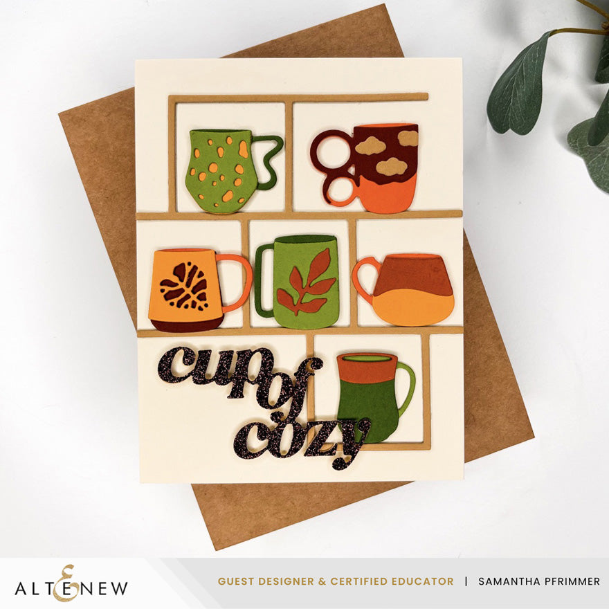 Altenew Warm and Cozy Sentiments Dies alt11011 shelf of mugs card