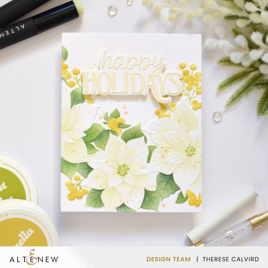 Altenew Winterberry Poinsettias Stencils alt11537 happy holidays card