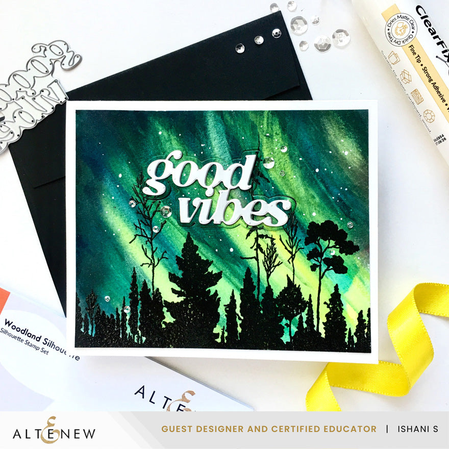 Altenew Woodland Silhouette Clear Stamp alt11538 northern lights card