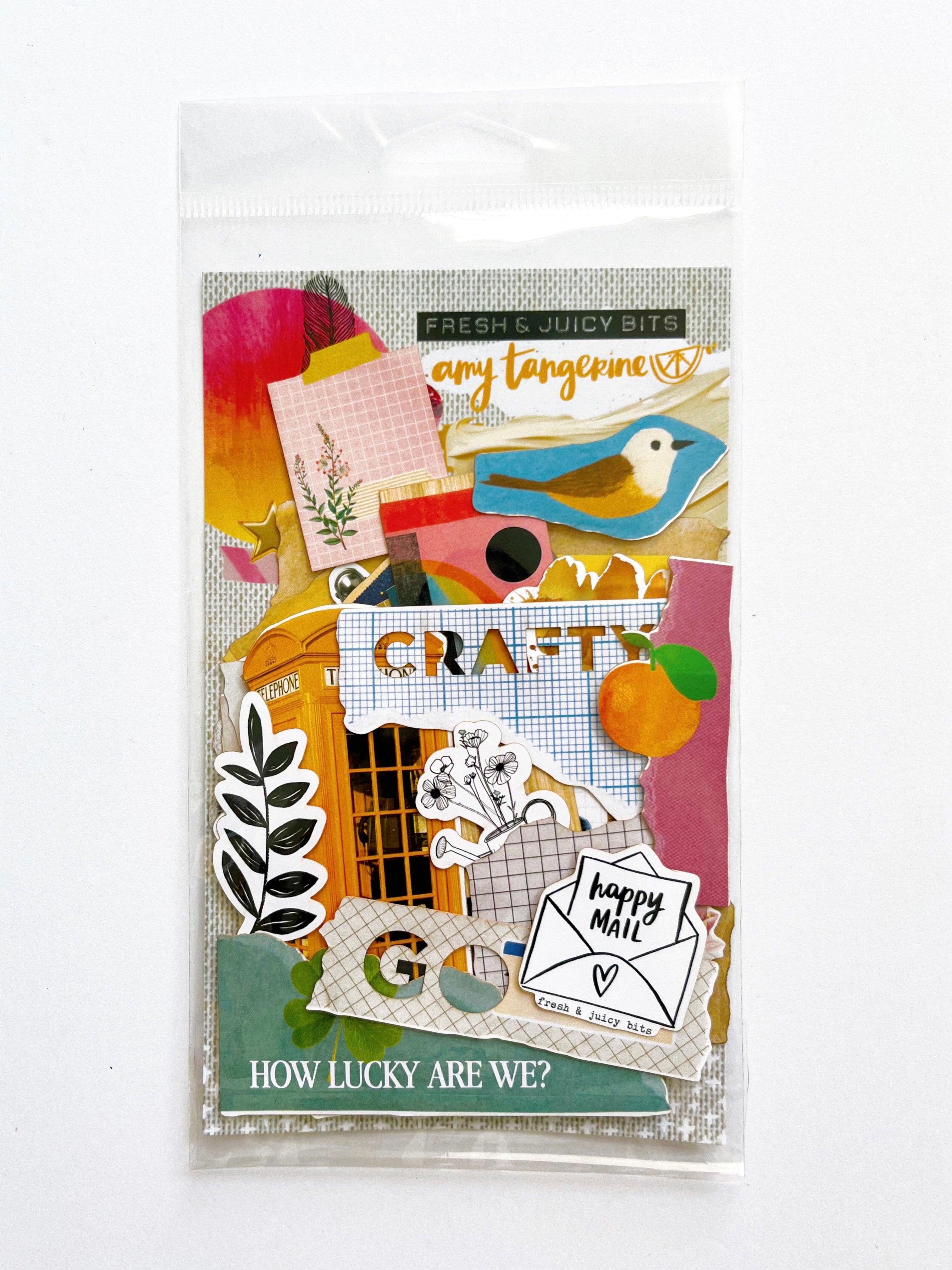 A packaged scrapbook or craft sticker/decal sheet from Fresh & Juicy Bits, featuring a colorful collage of autumn-themed elements including leaves, apples, a bird, envelopes, and decorative text on a white background.