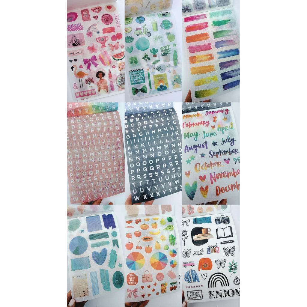 Collection of colorful planner stickers with various designs on a white background.