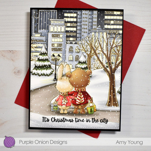 Purple Onion Designs City Skyline Background Cling Stamp pod1368 Christmas Time In The City Card