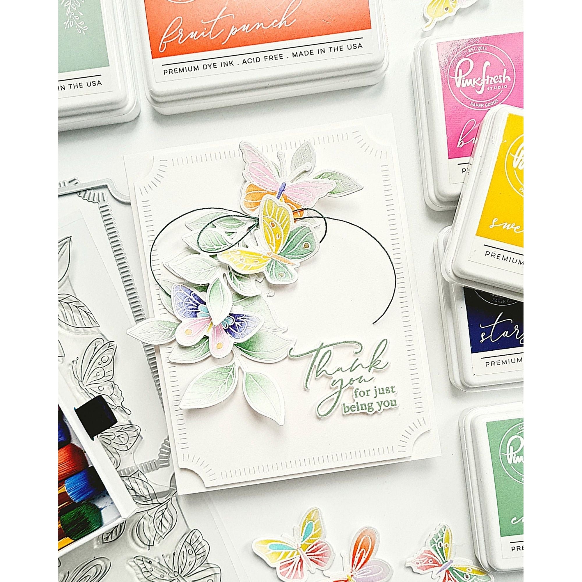 Pinkfresh Studio Fluttering Butterflies Stencils 218924 Thank You Card | color-code:ALT03
