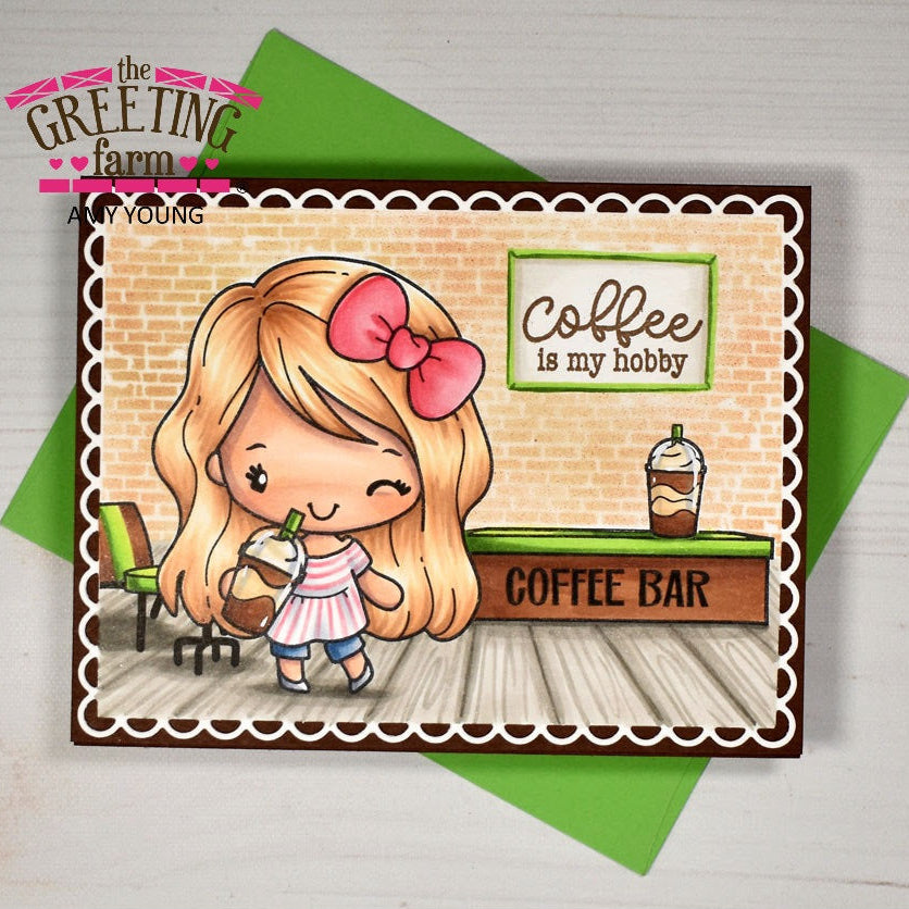 Card with a cartoon girl at a coffee bar, featuring 'The Greeting Farm' branding.