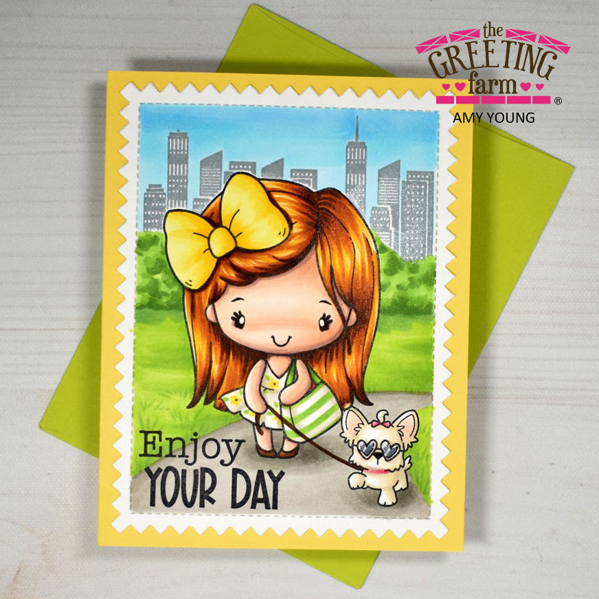 Greeting card with a cartoon girl and dog illustration and 'Enjoy your day' text, featuring The Greeting Farm branding.