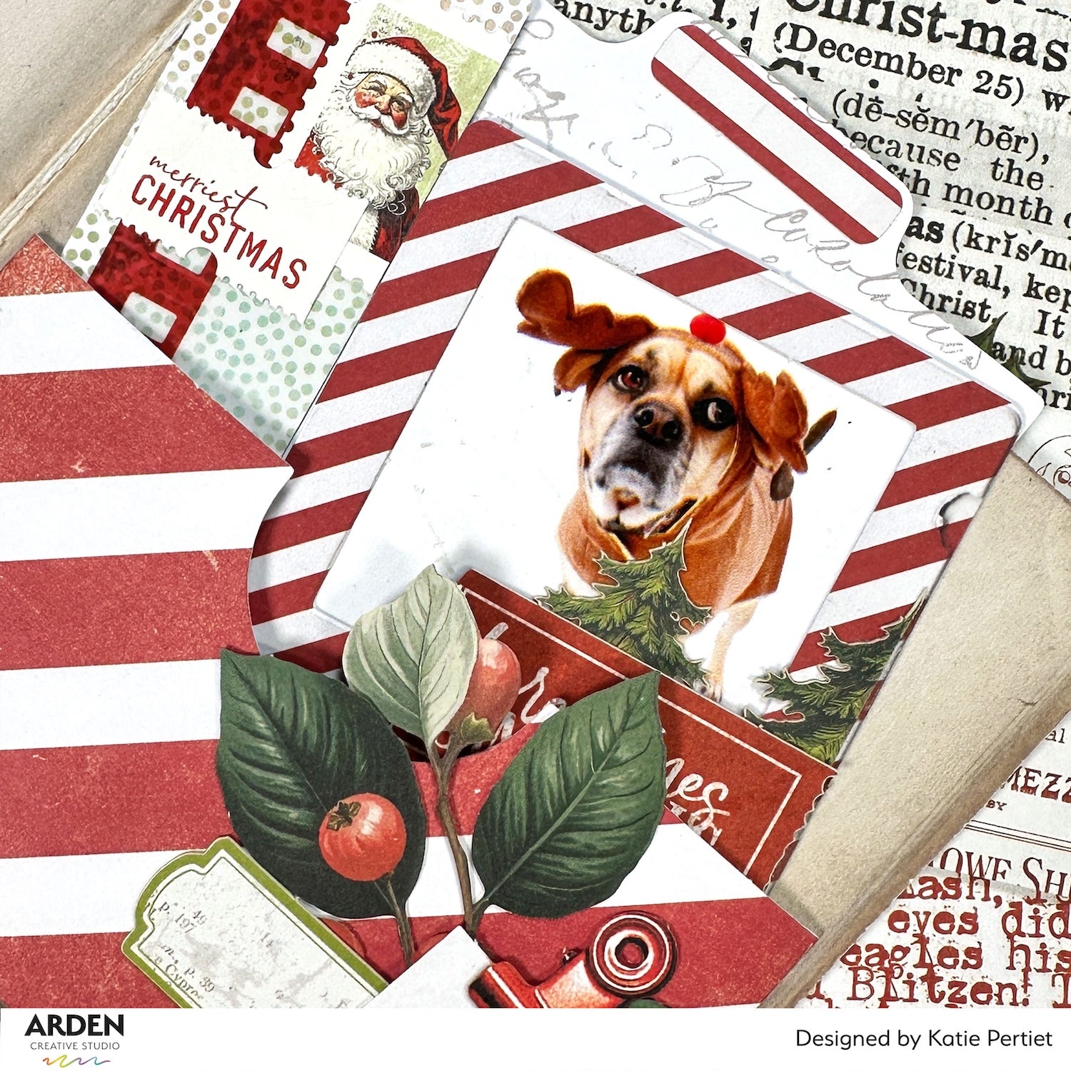 Arden Creative Studio Christmas Cheer Frame Ephemera Pack acsep0014 santa dog leaves stripes