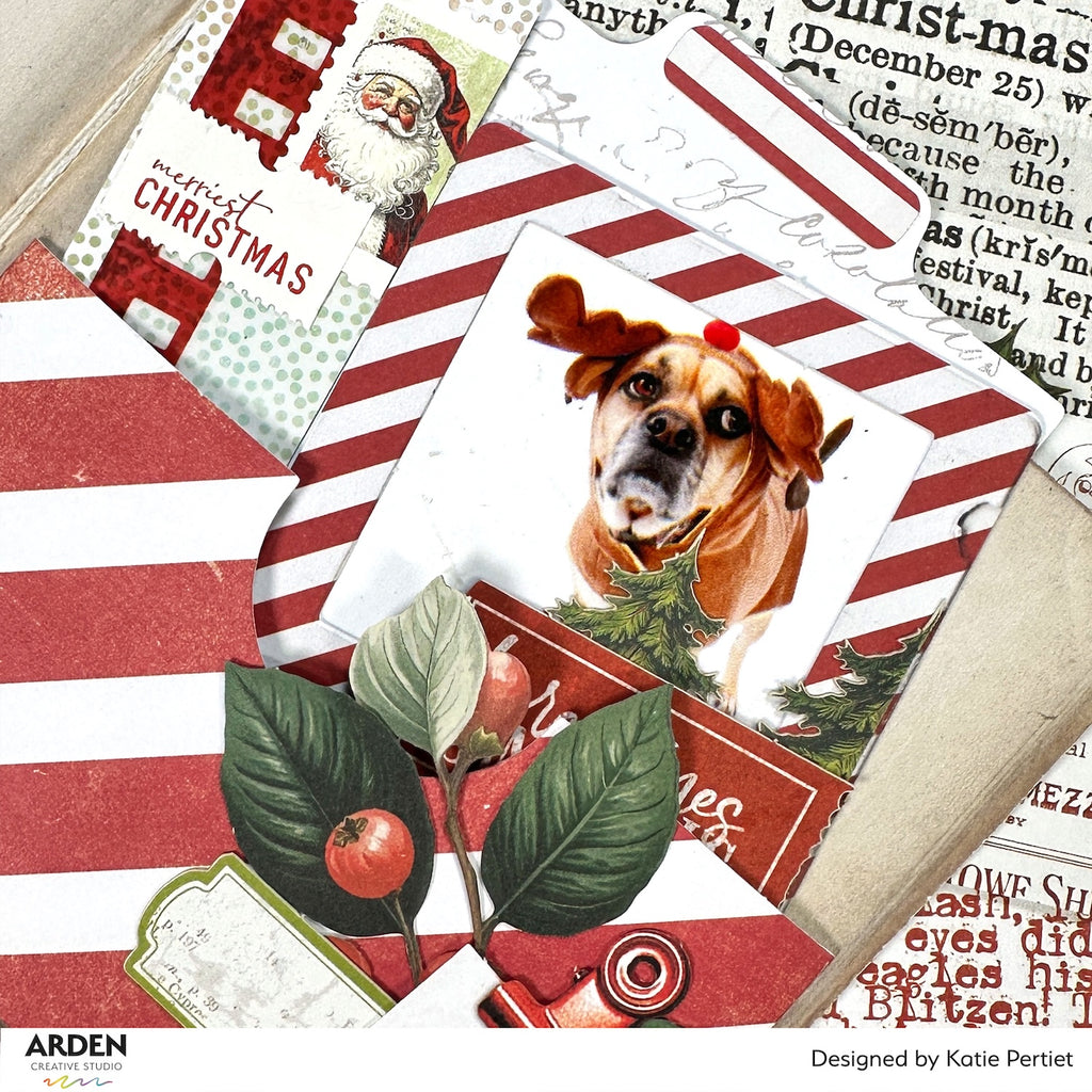 Arden Creative Studio Christmas Cheer Journalmakers Ephemera Pack acsep0015 red white stripes leaves dog santa