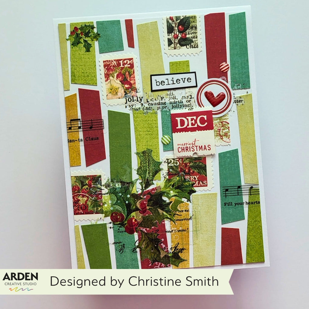 Arden Creative Studio Christmas Cheer Kiss Cut Sentiment Tape acsct0008 music notes heart tinsel berries card