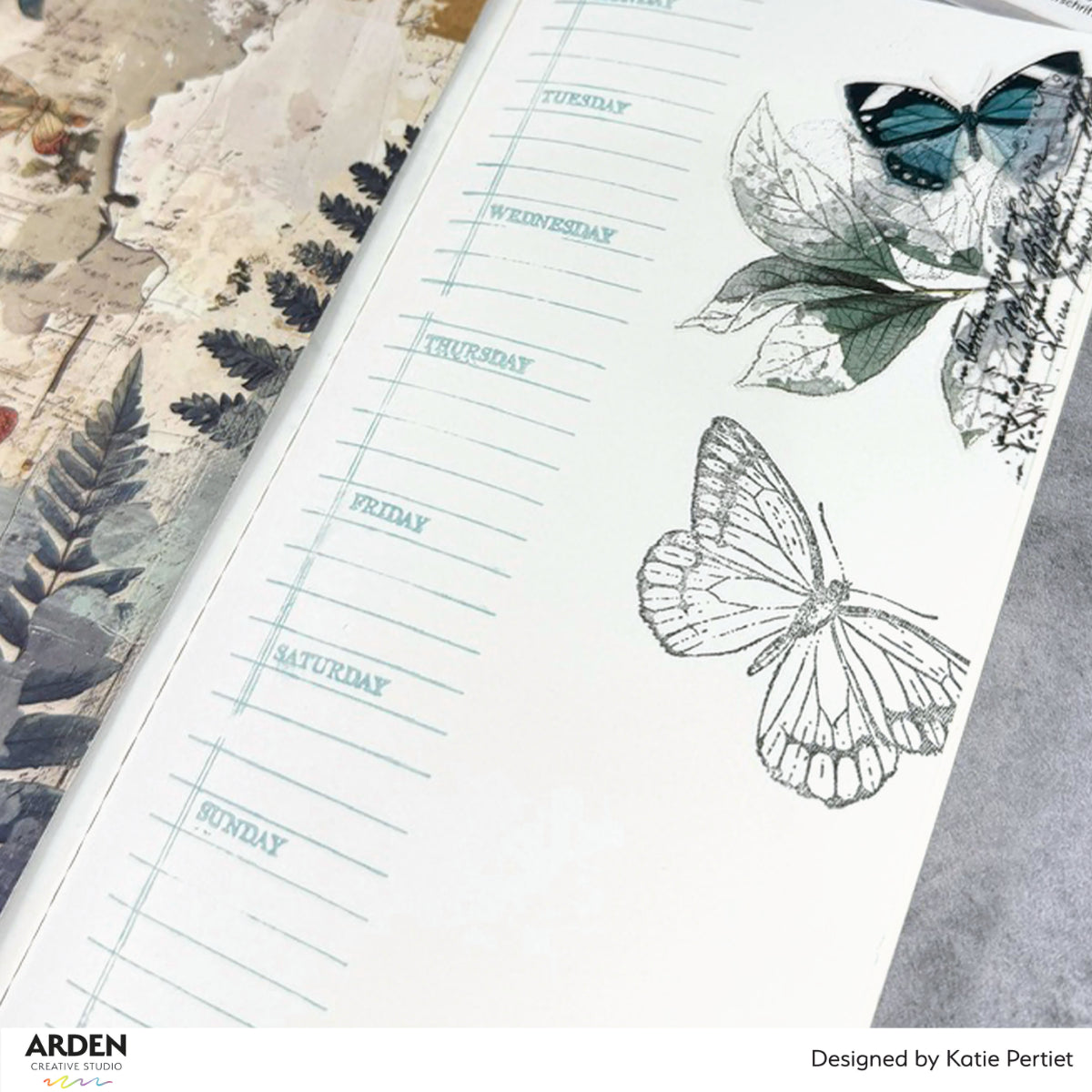 Arden Creative Studio Gratitude Essentials Clear Stamp Set acscs0039 butterflies leaves days of the week lines card katie pertiet