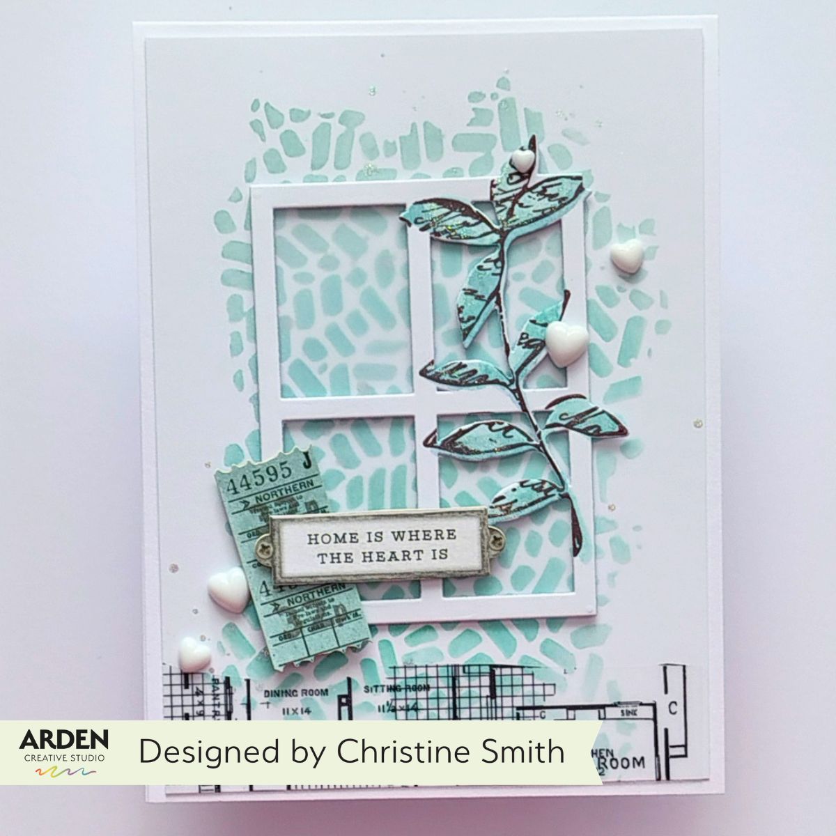 Arden Creative Studio Home and Garden Essentials Laser Cuts acslc0014 ticket white hearts blue leaves home is where the heart is card christine smith