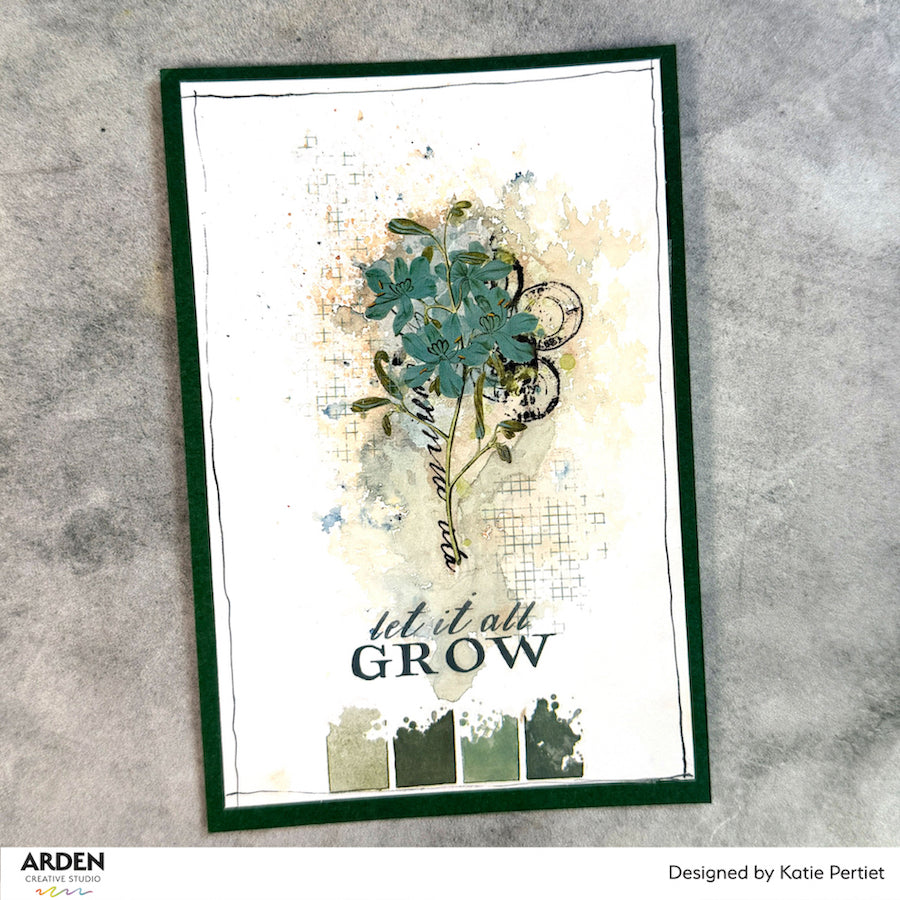 Arden Creative Studio Home and Garden Rub On Transfer Set acsro0014 blue flowers green leaves let it all grow card katie pertiet