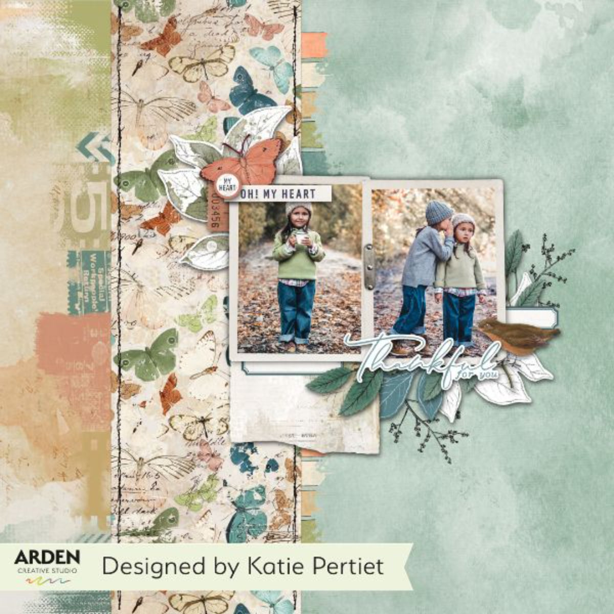 Arden Creative Studio Ledger Notes Clear Stamp Set acscs0037 little girl in sweater colored butterflies thankful for you card katie pertiet