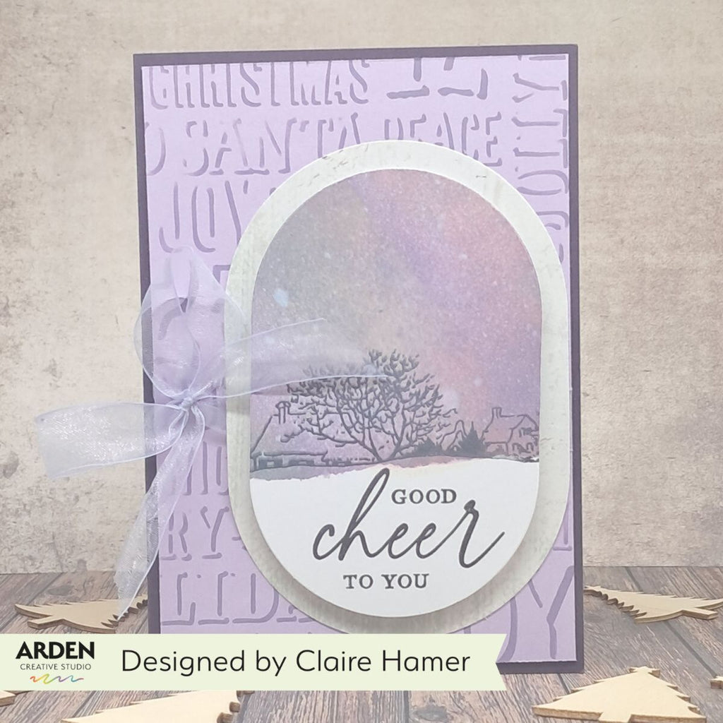 Arden Creative Studio Maker Series Sentiment Block Stencil acsst0013 purple bow good cheer to you card
