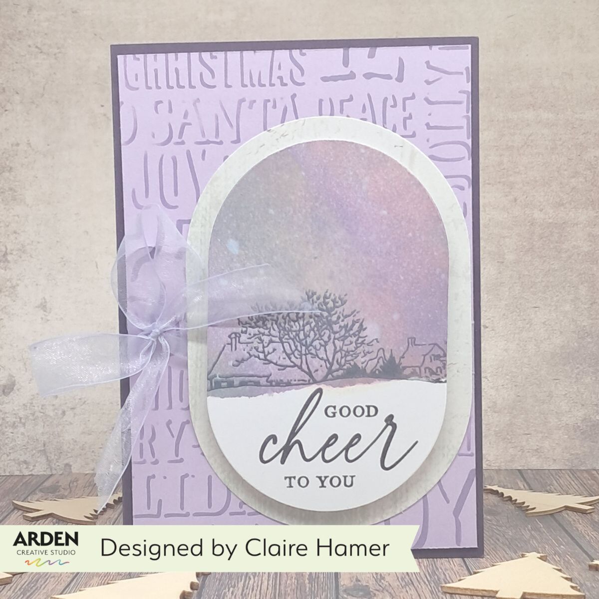 Arden Creative Studio Maker Series Sentiment Block Stencil acsst0013 purple bow good cheer to you card