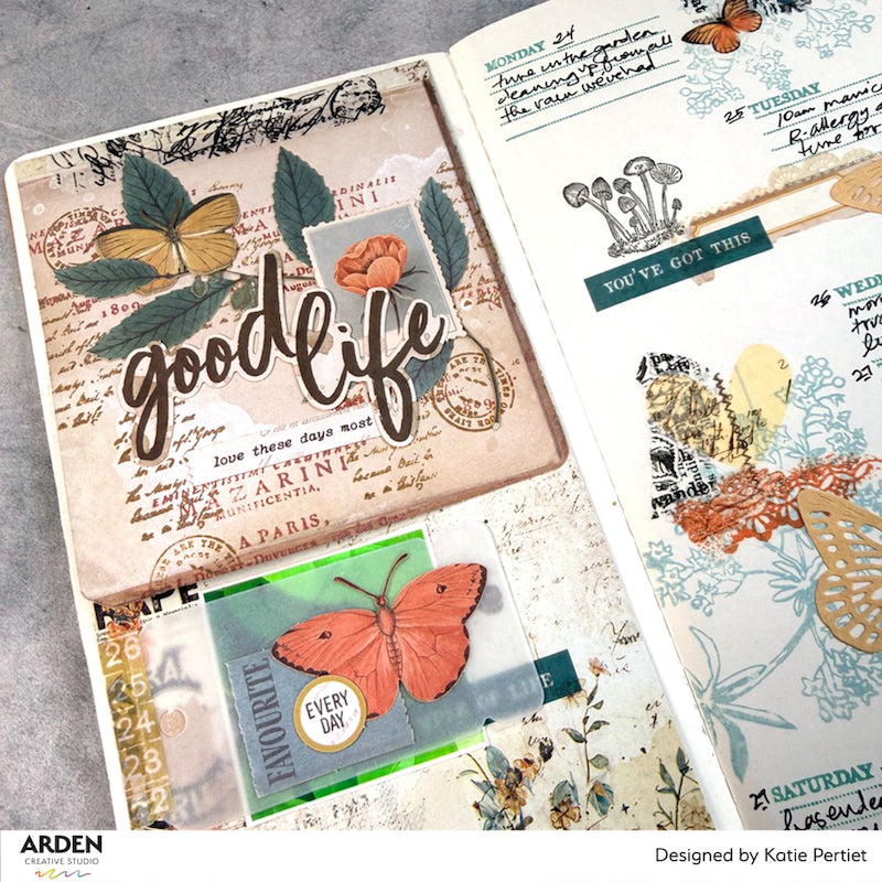 Arden Creative Studio Typecast Bits Clear Stamp Set acscs0038 mushrooms butterflies good life journal katie pertiet