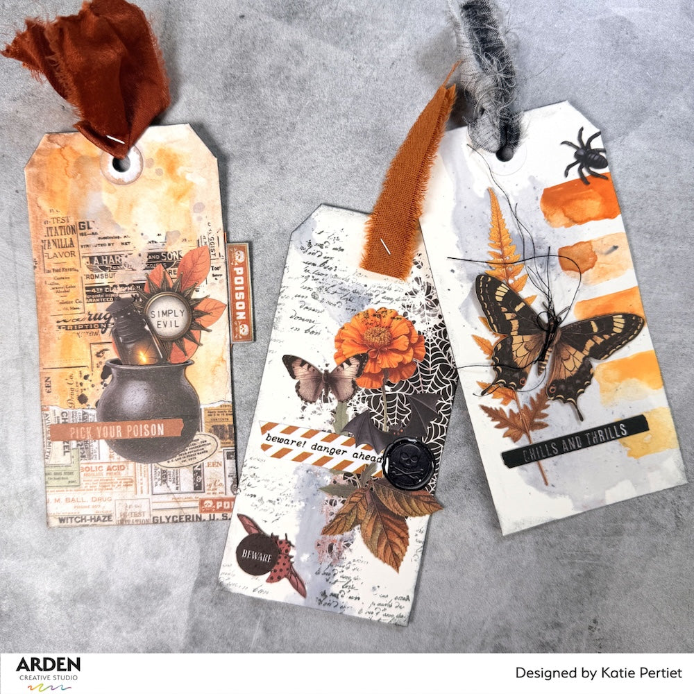 Arden Creative Studio Wicked Woods 6x8 Decoupage Paper acsdp0005 leaves spider beware tag card katie pertiet