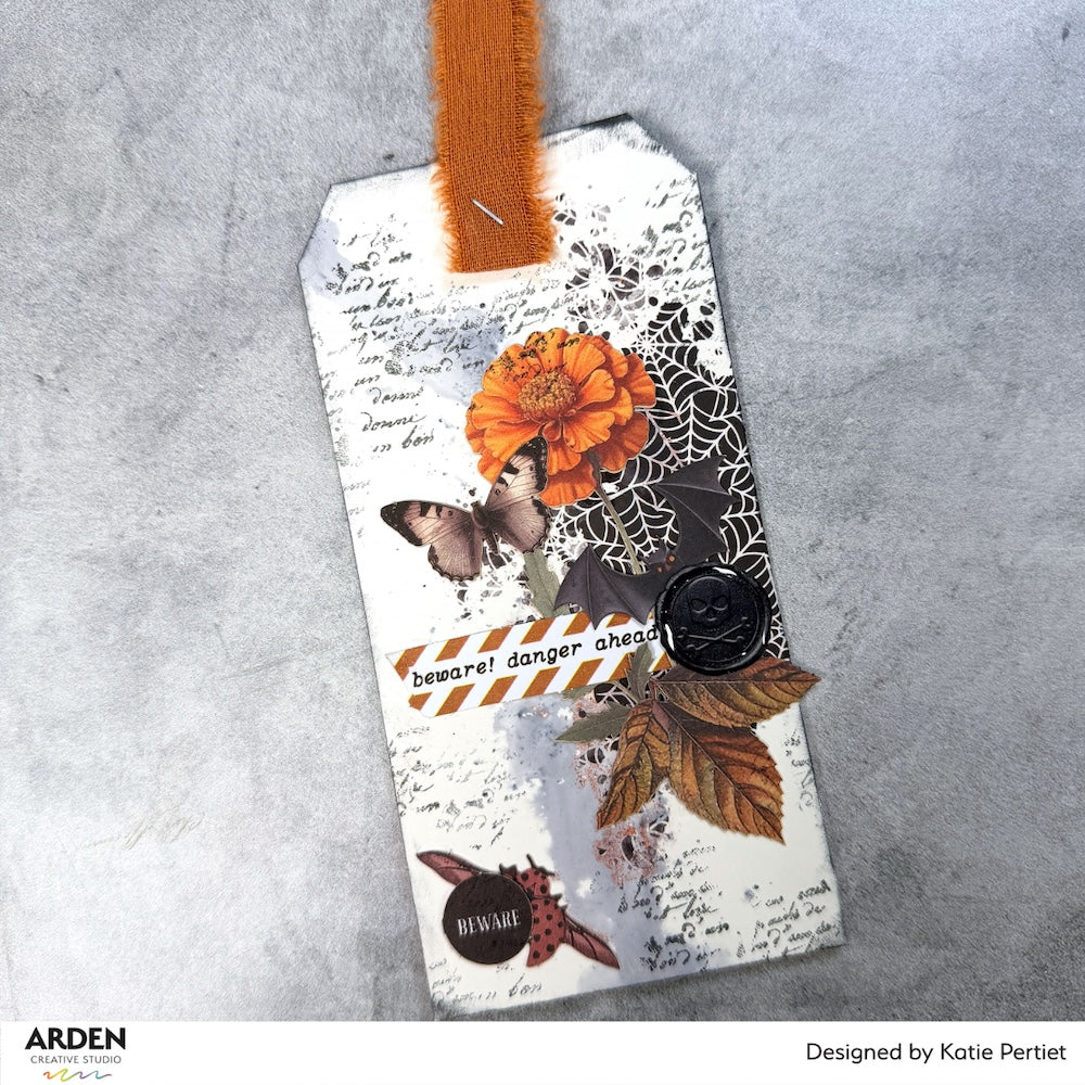 Arden Creative Studio Wicked Woods Laser Cuts acslc0011 orange flower spiderweb background beware tag card katie pertiet