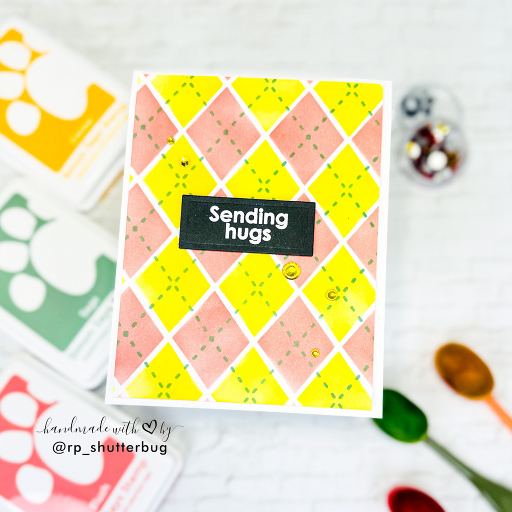 Simon Says Stamp Set of 3 Stencils Argyle Builder 1075st Rain or Shine Hugs Card