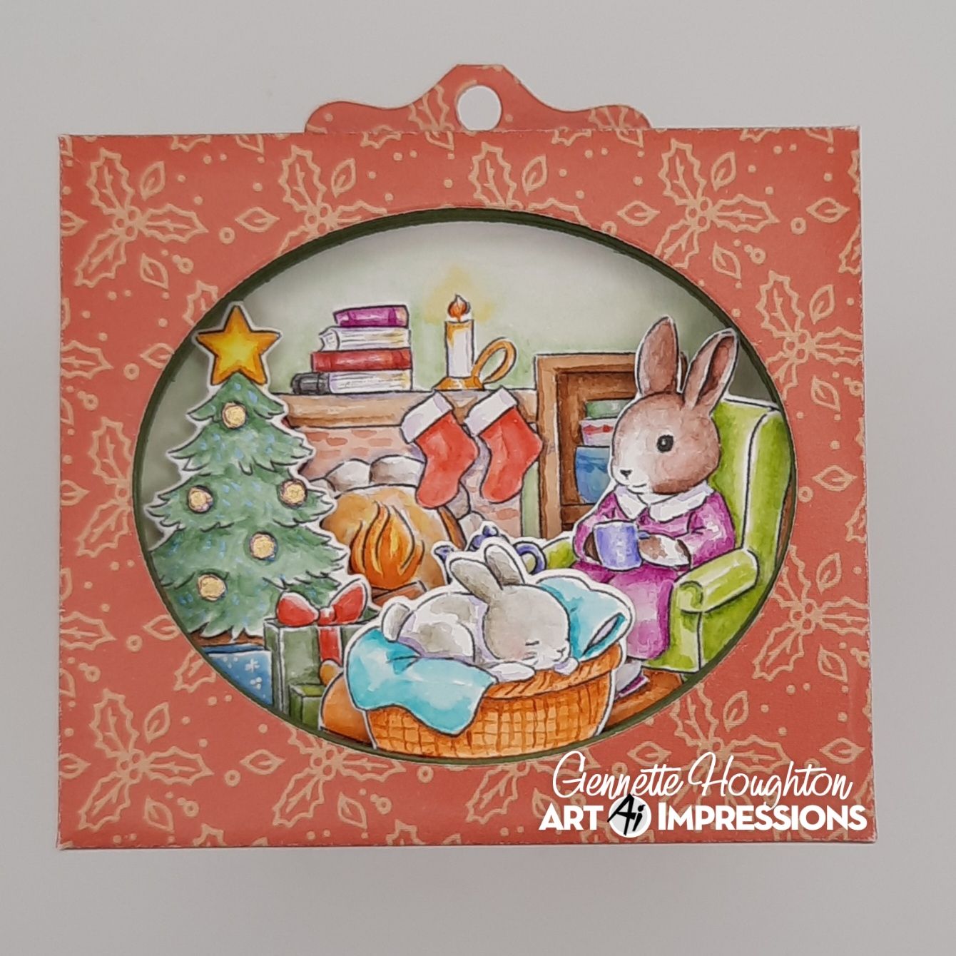 Art Impressions A Cozy Christmas Set Storybook Stamps and Dies 6117 shown assembled and colored with tab at top