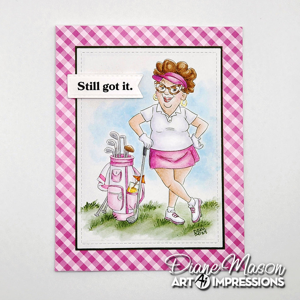 Cartoon of a woman in golf attire with a pink checkered border and 'Still got it.' text, featuring Art Impressions branding.
