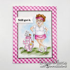 Cartoon of a woman in golf attire with a pink checkered border and 'Still got it.' text, featuring Art Impressions branding.