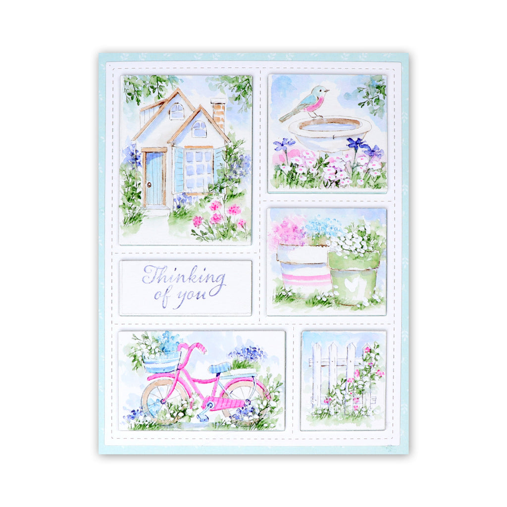 Greeting card with floral and garden-themed illustrations on a white background