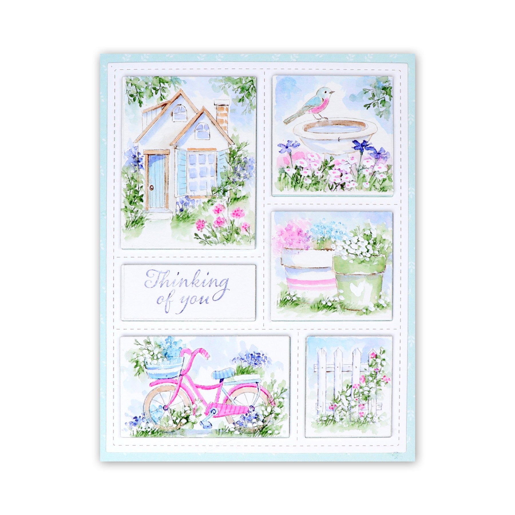 Greeting card with floral and garden-themed illustrations on a white background