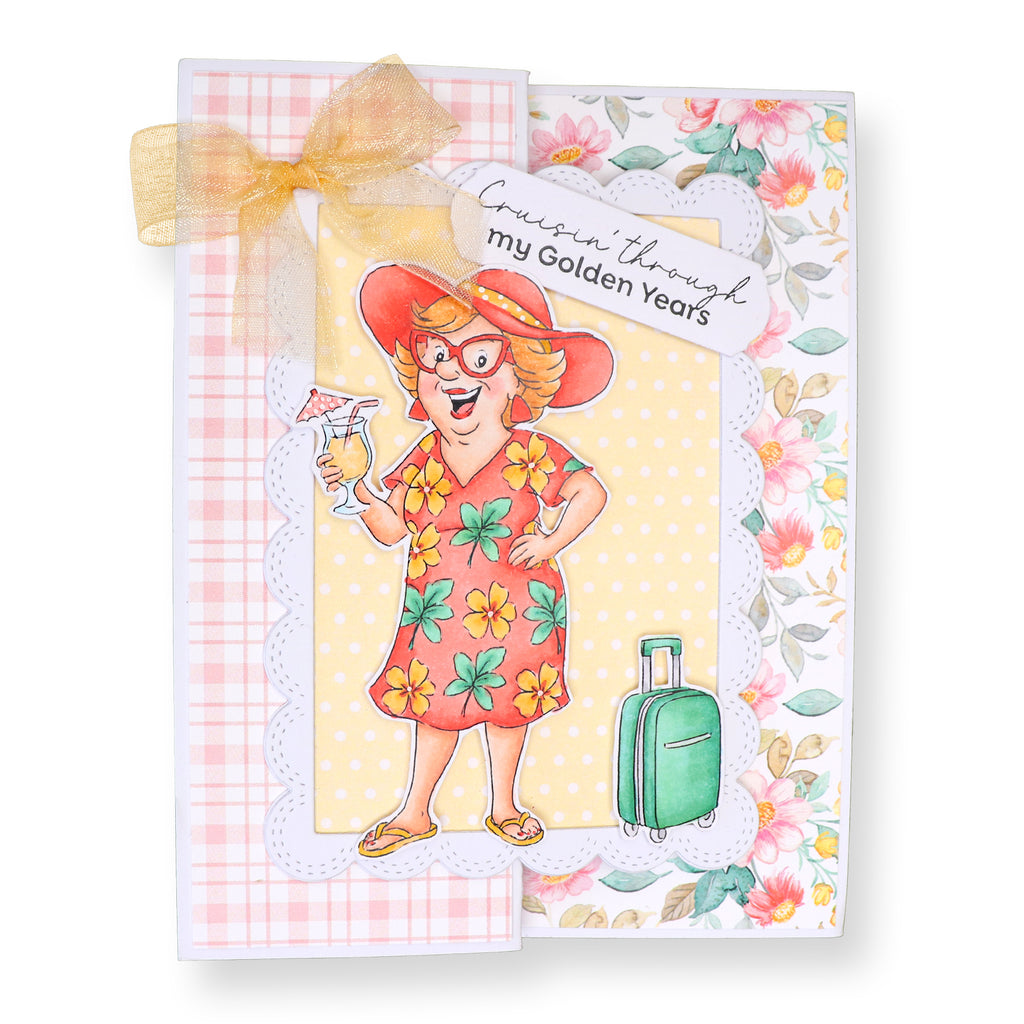 Card with a cartoon character in a floral dress and hat, holding a drink and a suitcase, with text 'Cruisin' through my Golden Years'.