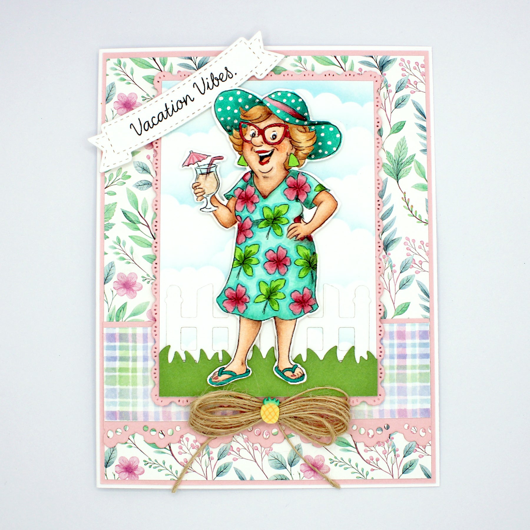Colorful card with a woman in a floral dress and hat, holding a cocktail, on a light gray background.