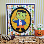 Halloween-themed card with a cartoon Frankenstein design on a patterned background, featuring Art Impressions branding.