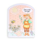 Greeting card with a cartoon gardener, flowers, and a sun on a white background