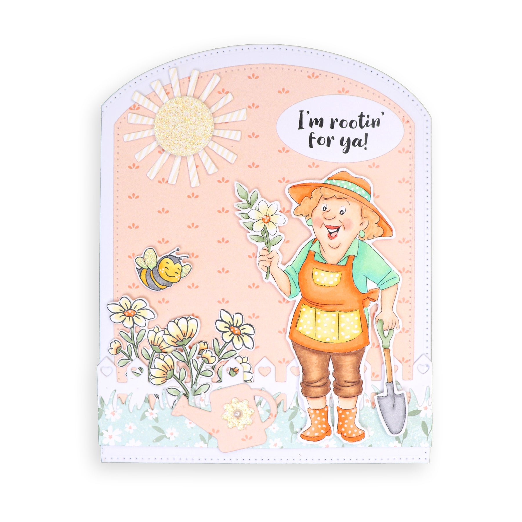 Greeting card with a cartoon gardener, flowers, and a sun on a white background