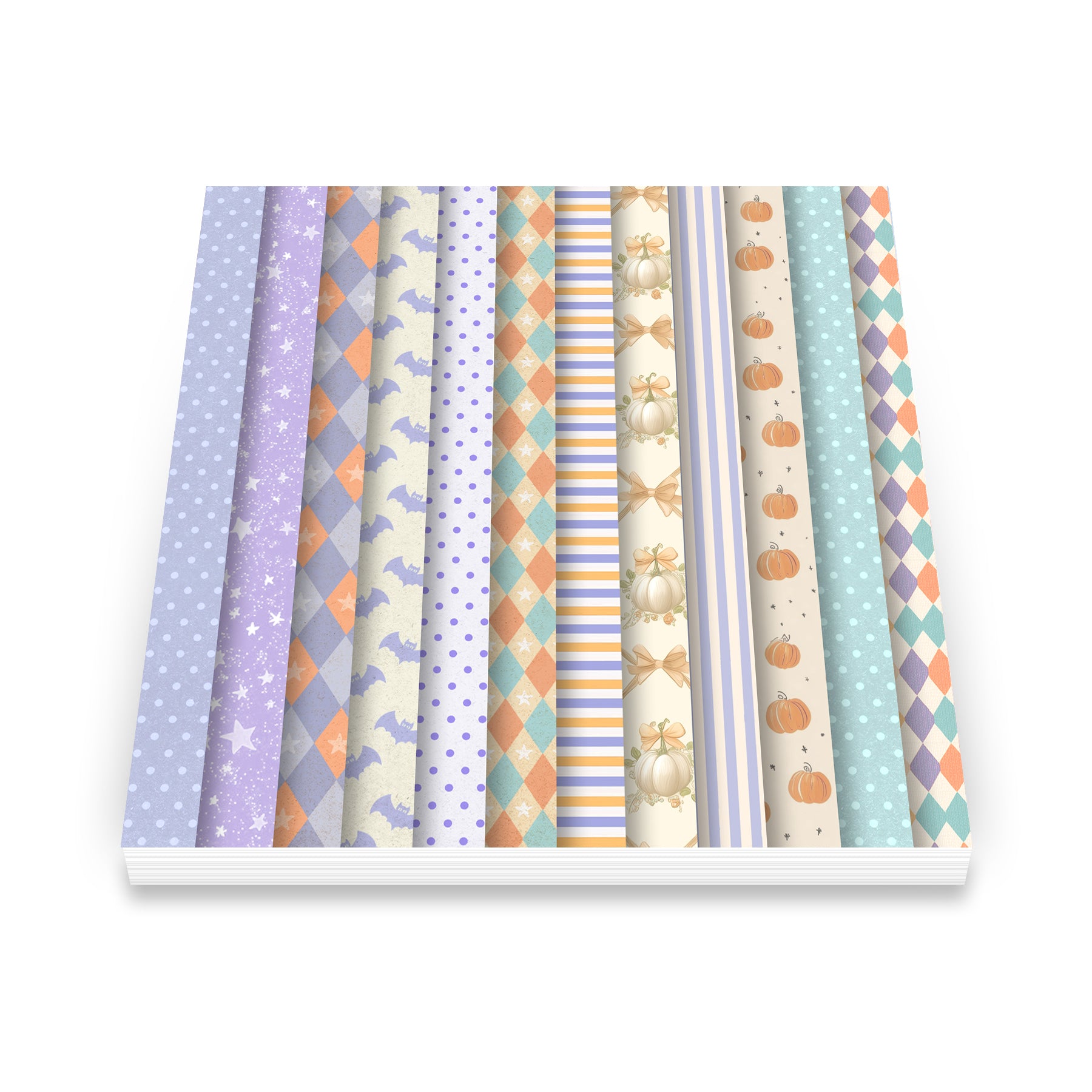 Set of colorful patterned paper sheets on a white background