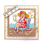 Card with a design of a woman in a sun hat and dress sitting on a beach chair, holding a drink, with text 'Retired & Rehydrated!'.