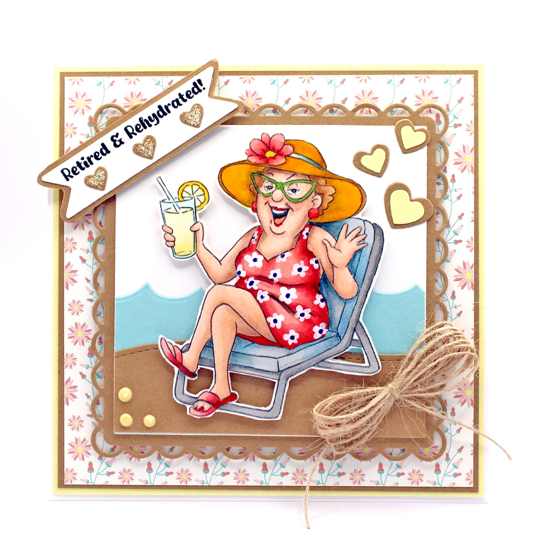 Card with a design of a woman in a sun hat and dress sitting on a beach chair, holding a drink, with text 'Retired & Rehydrated!'.