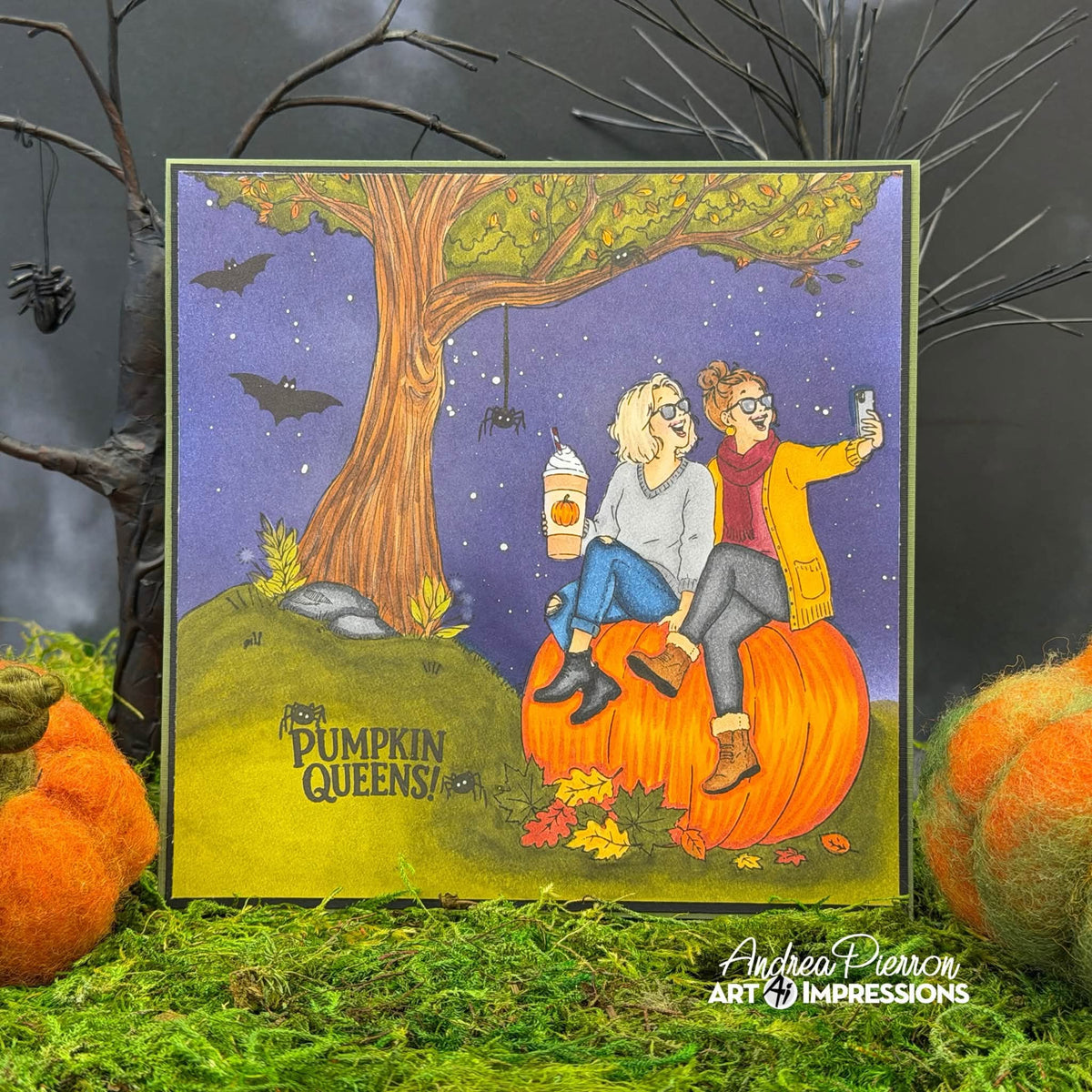 Art Impressions Pumpkin Queens STAMPtember Exclusive Stamps and Dies Autumn BFF Selfie Friend Card Andrea Pierron night sky