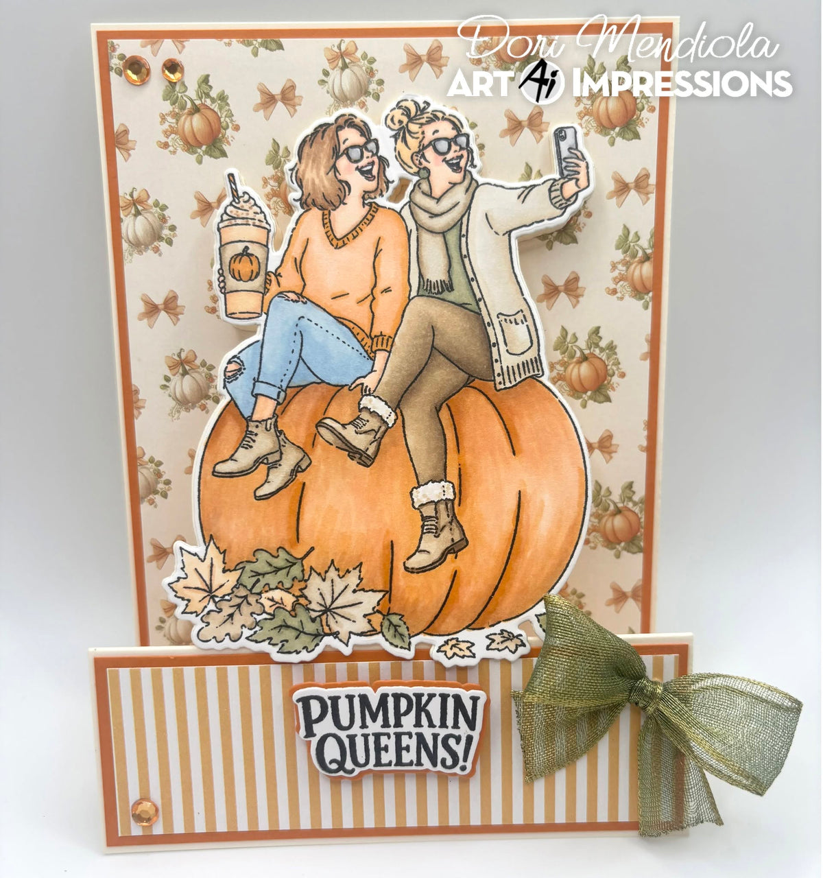 Art Impressions Pumpkin Queens STAMPtember Exclusive Stamps and Dies Autumn BFF Selfie Friend Card Dori Mendiola