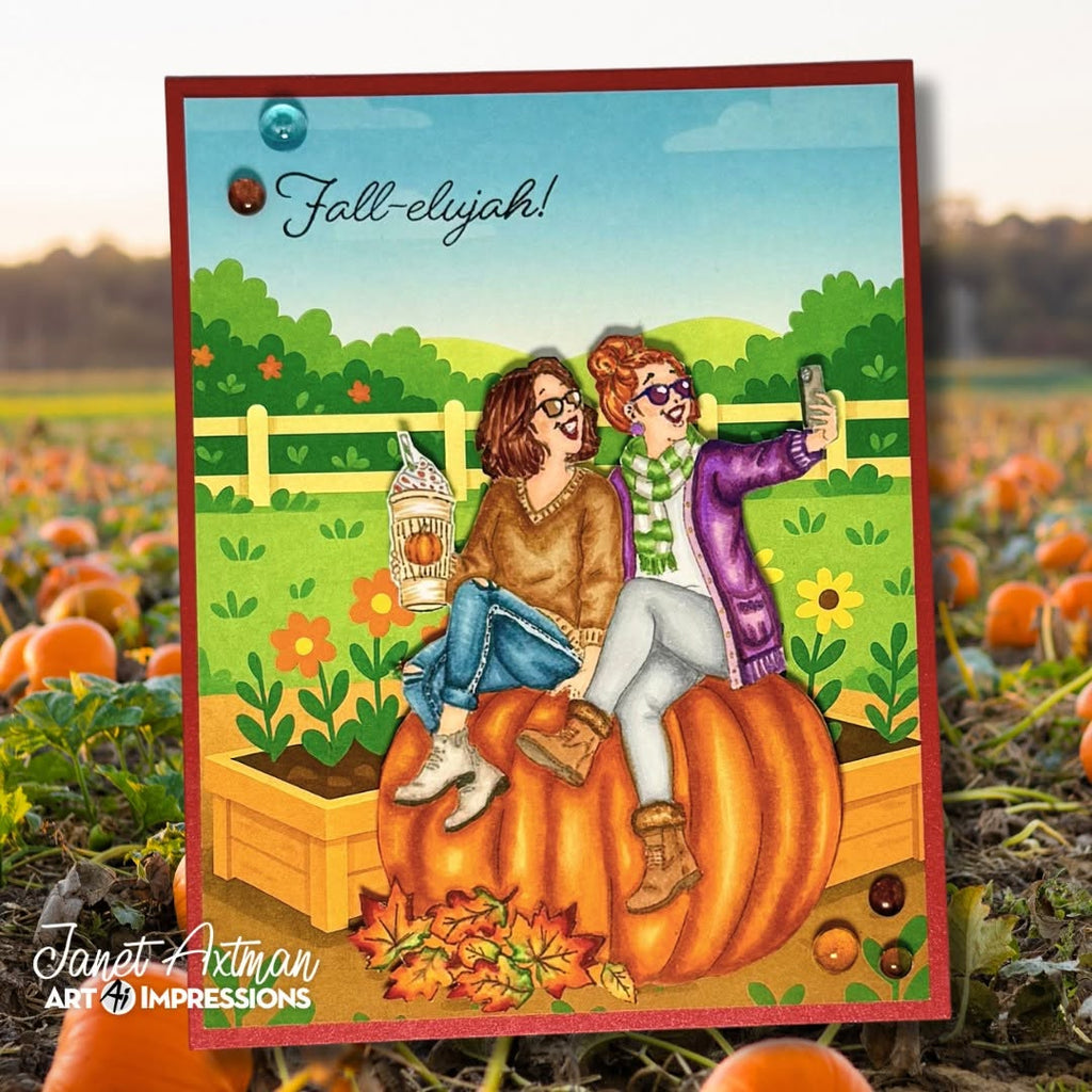 Art Impressions Pumpkin Queens STAMPtember Exclusive Stamps and Dies Autumn BFF Selfie Friend Card Janet Axtman