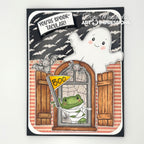 Halloween-themed card with ghost, frog, and spider decorations, featuring the brand 'Art Impressions'.