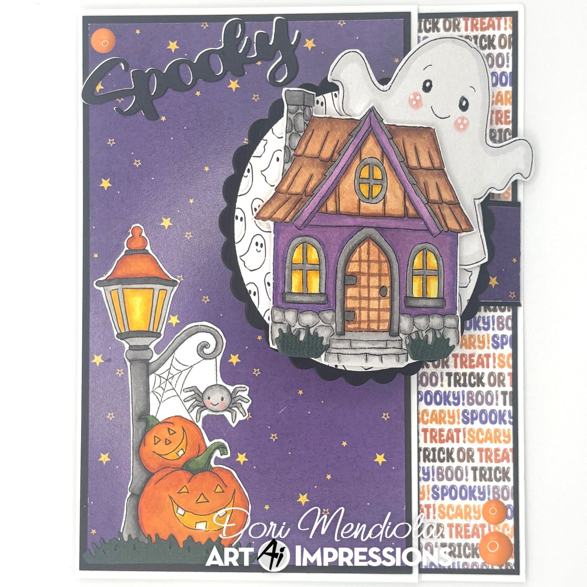 Halloween-themed stamp set with a house, ghost, pumpkin, and lantern on a purple background.
