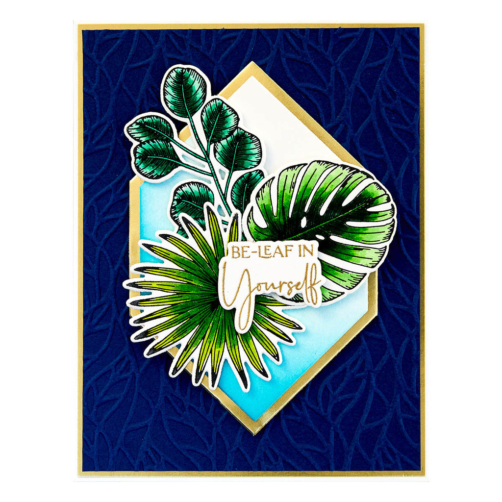 Spellbinders Tropical Leaves Press Plate and Die Set bp-155 blue background