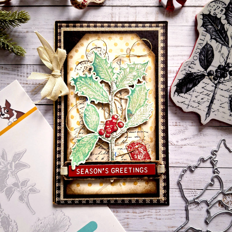 Tim Holtz Festive Collage Stamps with Simon Says Stamp Dies Bundle setfc25 Christmas Card