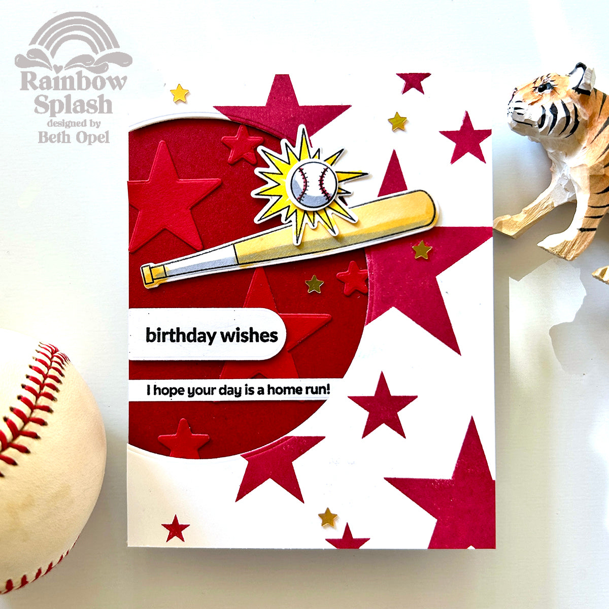 Rainbow Splash Stamps and Dies Baseball rs38set Birthday Card