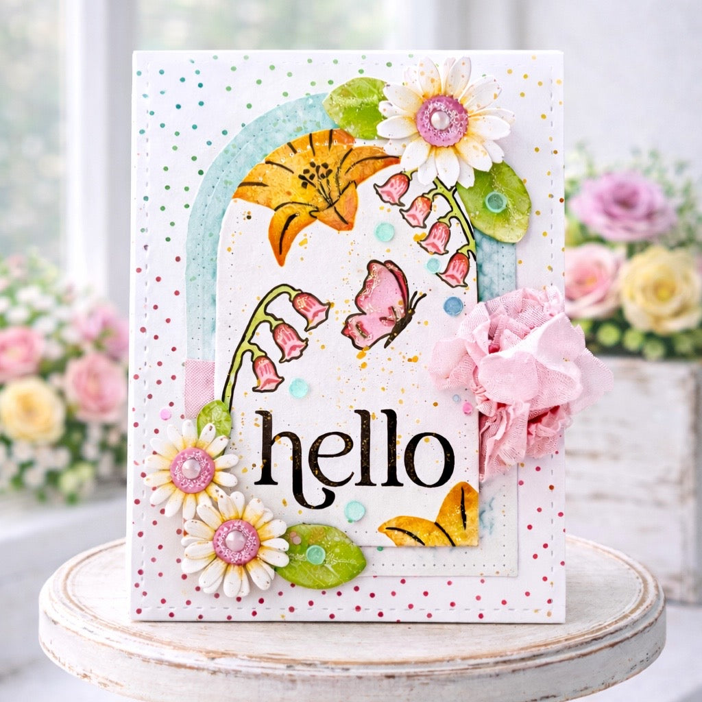Simon Says Stamps and Dies Basket of Blooms set1174bb Beautiful Moments Hello Card